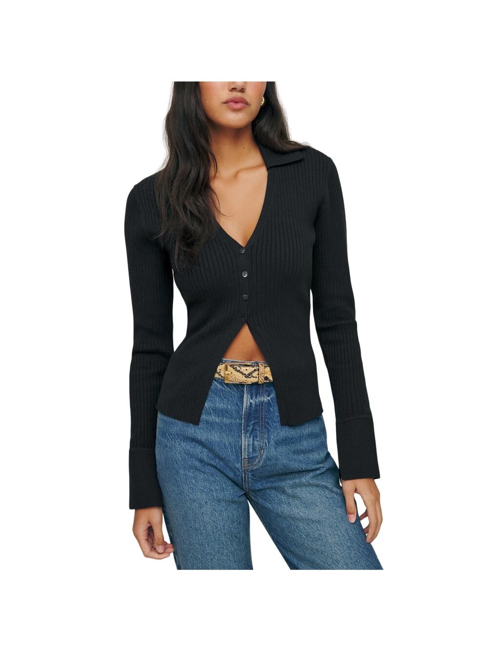 Reformation Ribbed Black Valentina Cardigan Size XS
